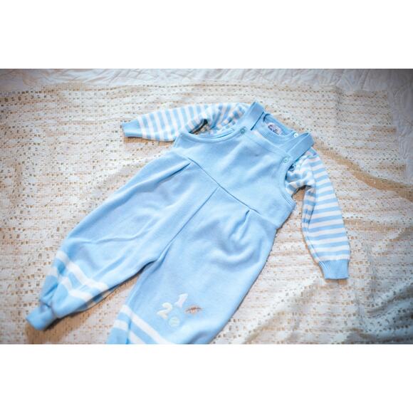 Vintage 90s Baby Boy Overalls, Light Blue Knit Football Baseball, Toddler 24 Mo - Picture 10 of 15
